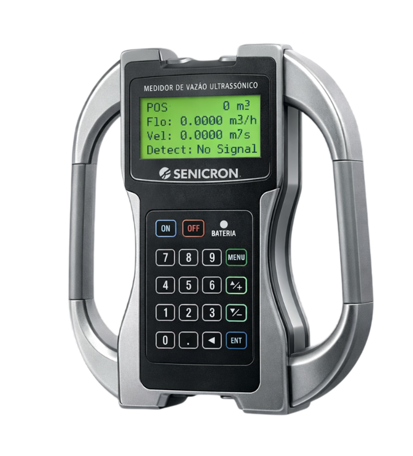 Handheld ultrasonic flow meter (Senicron) with a green LCD display showing flow, velocity, and status values